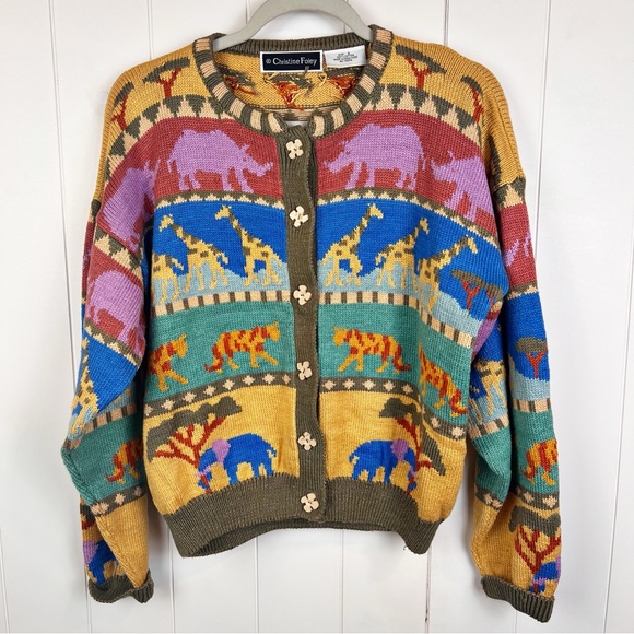 Vintage Sweaters - Vintage Christine Foley Knit Cardigan Sweater Colorful Animal Safari Motif Sz 2